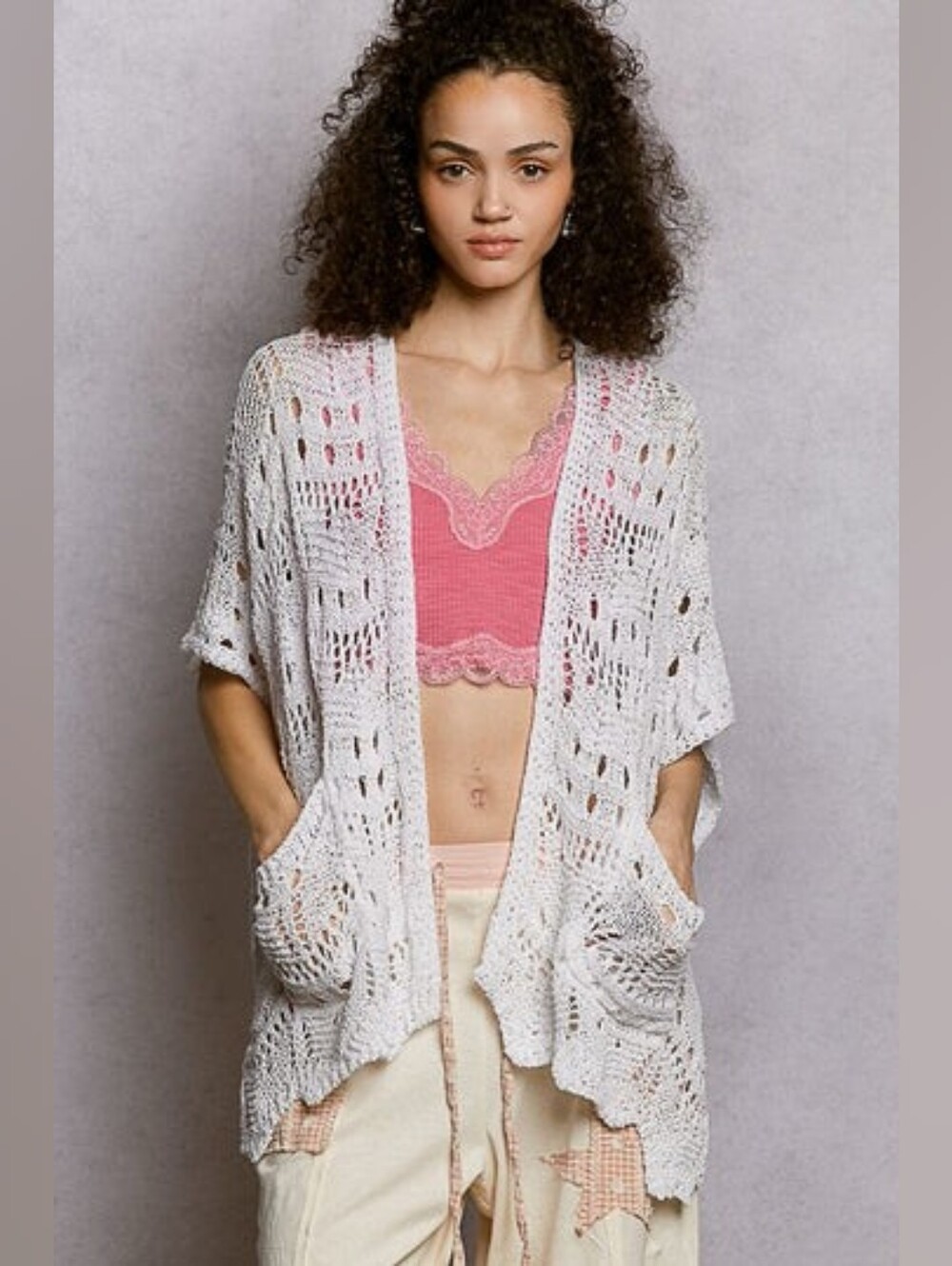 POL White Open Front Crochet Scalloped Knit Kimono Cardigan Sweater Pockets M